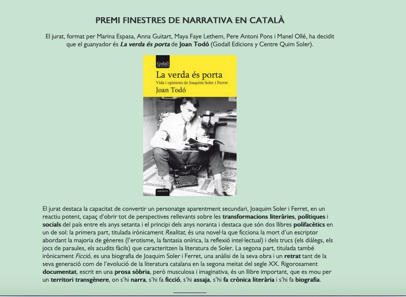 “La verda és porta”, premi FINESTRES de narrativa en català 2021